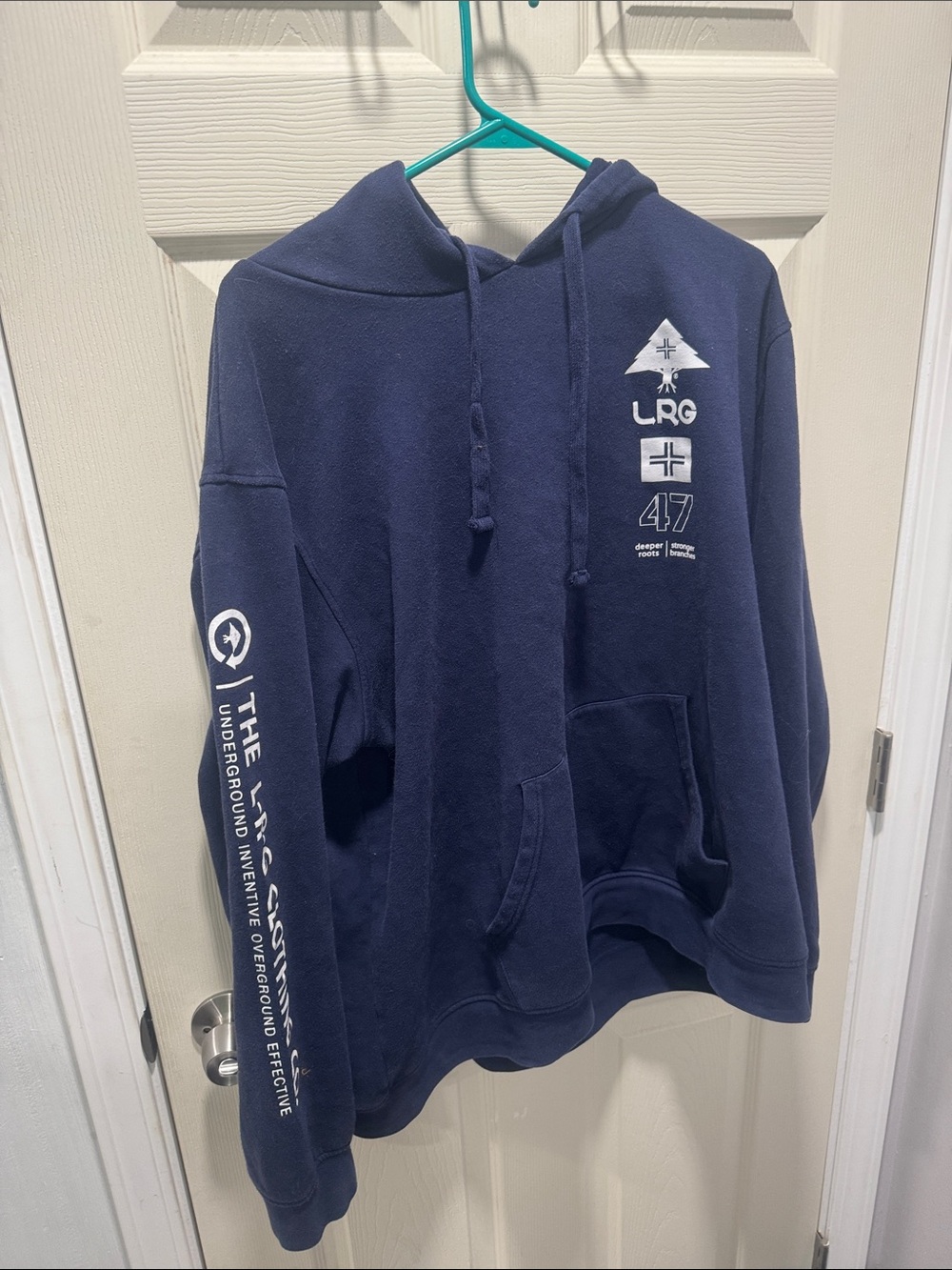 LRG Navy Blue Graphic Crewneck Hoodie with White Logos